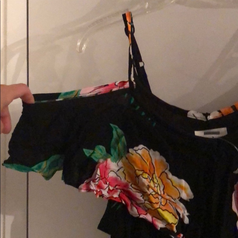 Cold Shoulder Black Flowered Peasant Dress